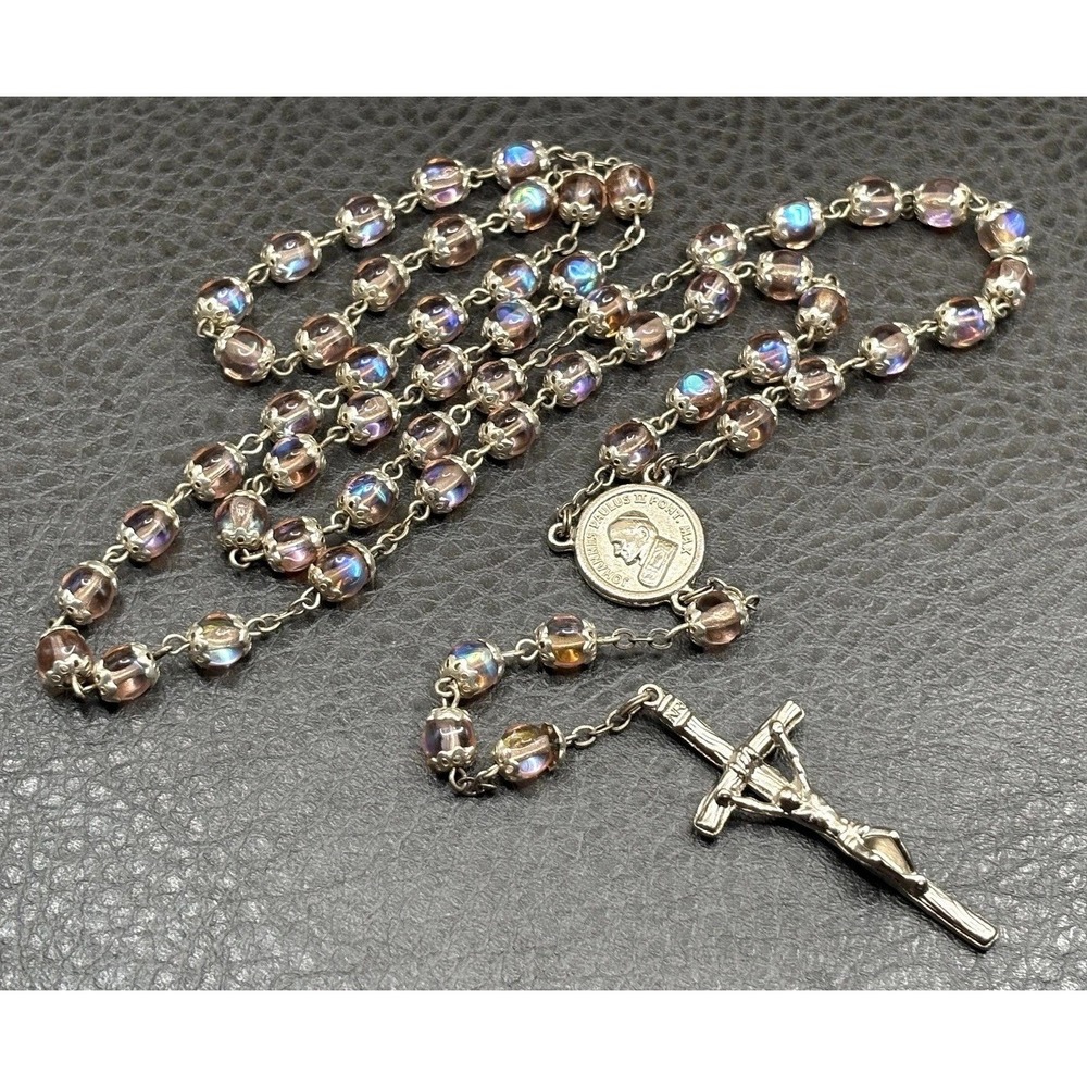 VTG Pope John Paul II Sapphirine Iridescent Pink Blue Beads Italian Rosary 26"
